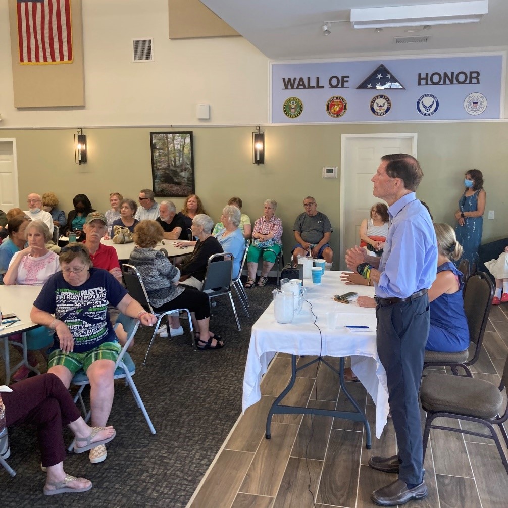 Blumenthal visited Killingworth to meet with residents of Beechwood, a 55-year-old and older mobile park community, after numerous resident complaints about quality of life issues, including flooding, lack of maintenance and increases in rental rates. 